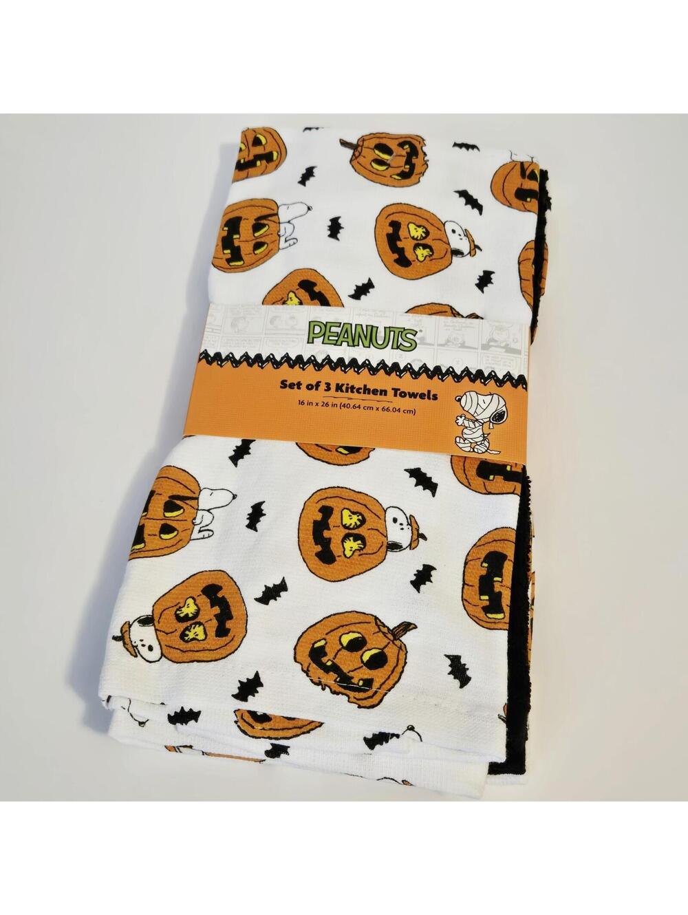 Peanuts Snoopy & Woodstock Set Of 3 Halloween Kitchen Towels Pumpkins Bats NWT